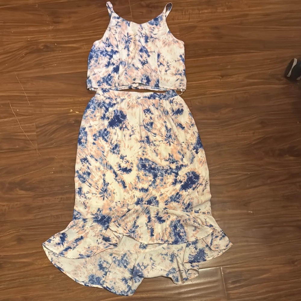 by & by Blue and Cream Ruffled Sundress